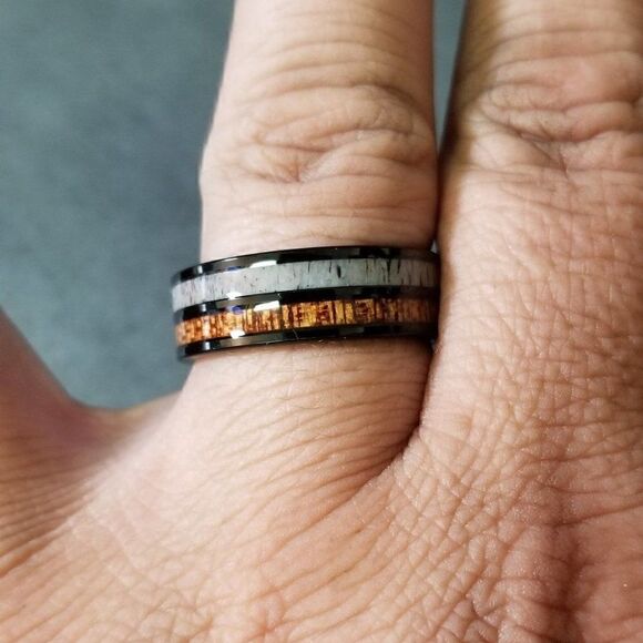 Men's Real Tungsten Wedding Ring With Deer Bone and Whiskey Barrel Wood Inlays - Picture 2 of 5